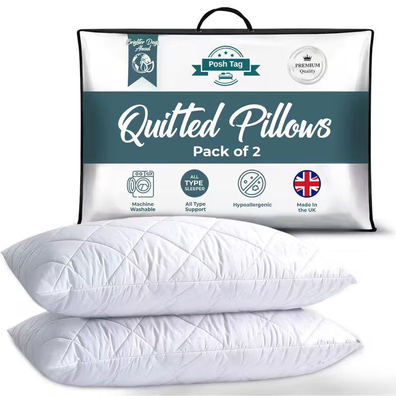 Quilted Pillows Posh Tag Pack of 2 – Hotel Quality Bounce Back Deep Filled Bed Pillows (100% Polyester Filling) - Pillow